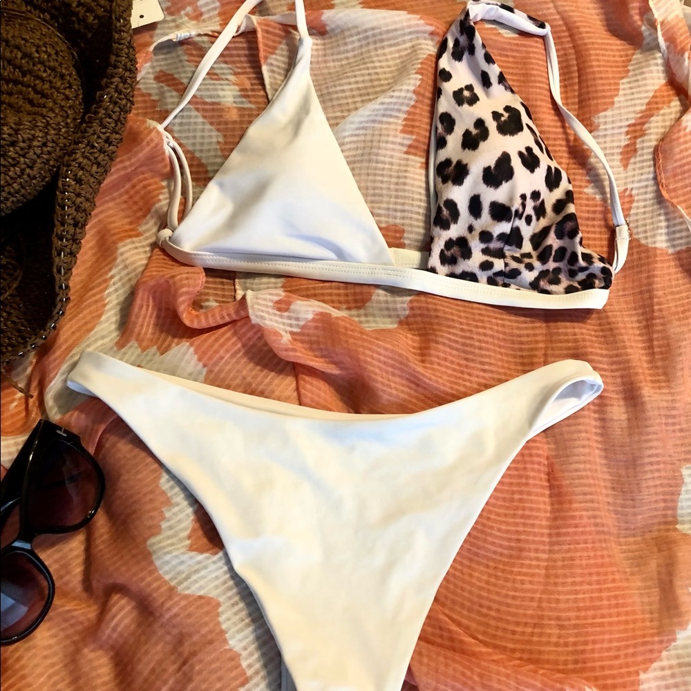 White & Leopard Color Block Bikini - Size Large